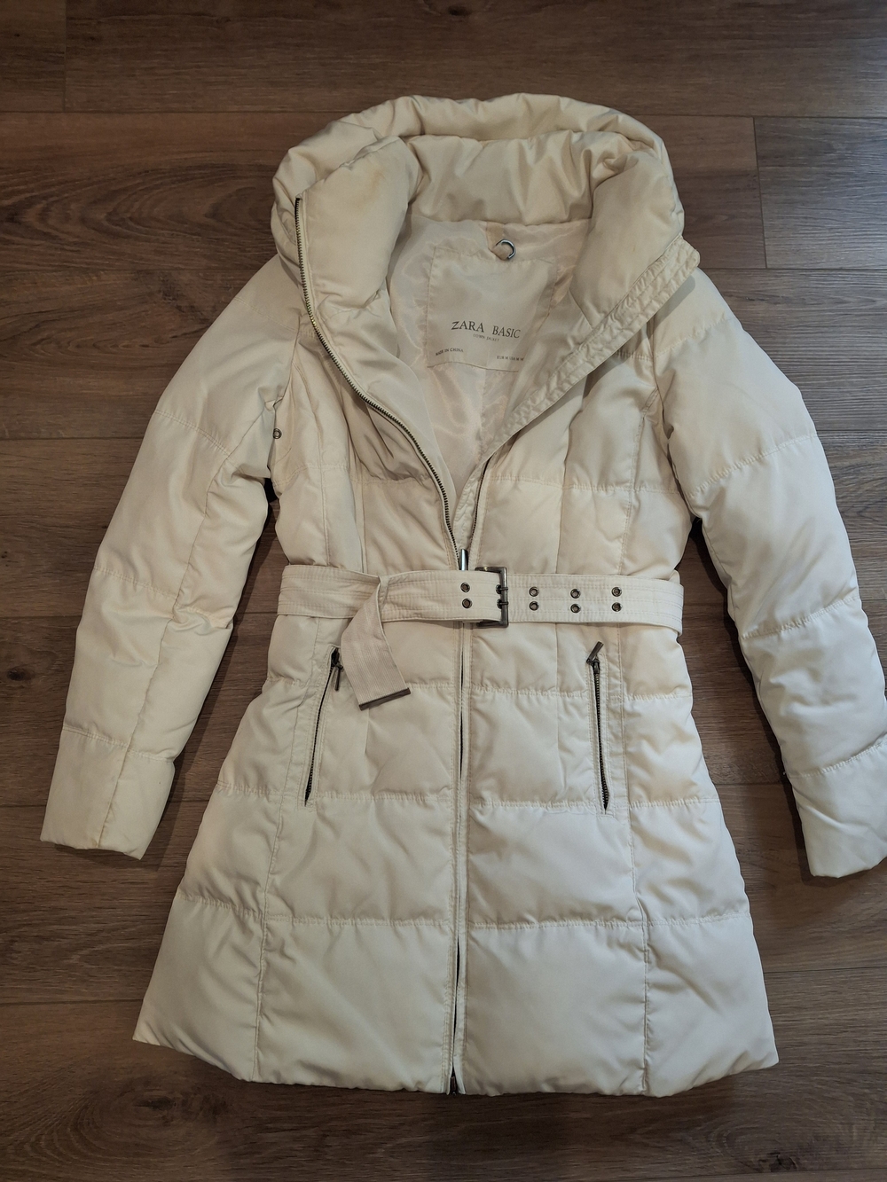 Zara Cream Quilted Belted Down Puffer Coat Size S